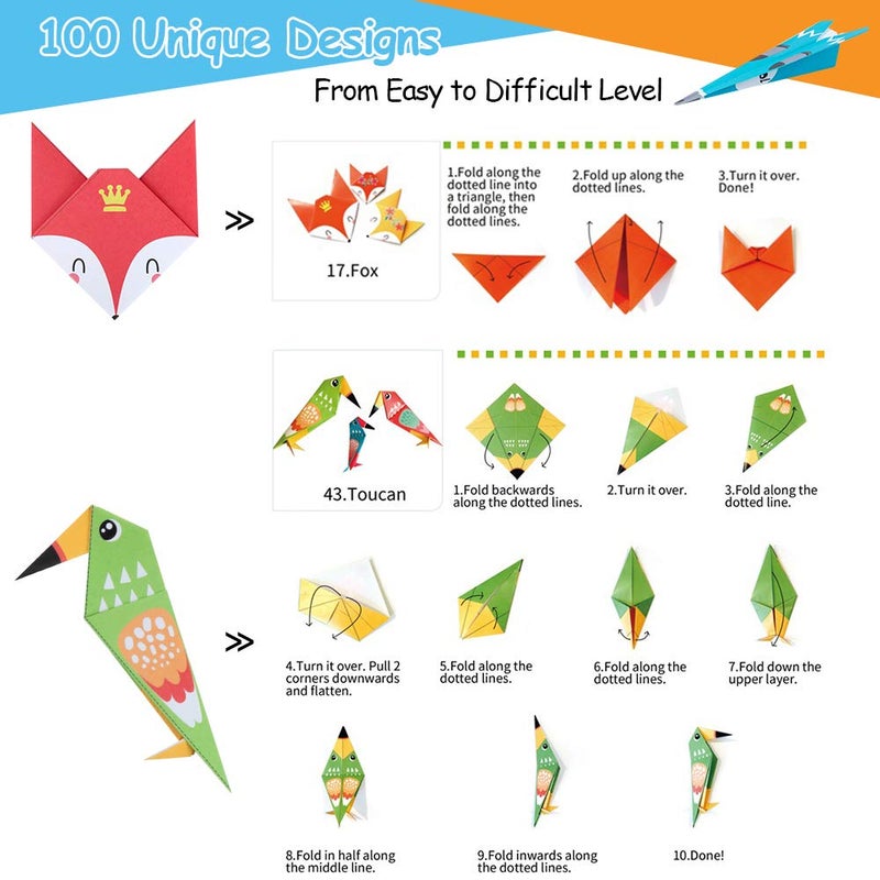 catnee Origami Paper for Kids Crafts, 350 PCS Origami Paper Kit, Vivid 200 Cartoon Origami Objects+100 Solid Color Papers+50 Traditional Japanese Patterns with Instructions, Origami for Kids Adults Beginners - Image 3